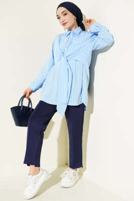 Pelerinli Çizgili Gömlek Bebe Mavi - Gömlek