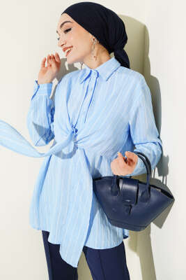 Pelerinli Çizgili Gömlek Bebe Mavi - HATUN