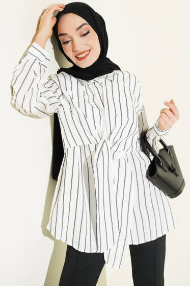 Pelerinli Çizgili Gömlek Beyaz - Yılın Fırsatı