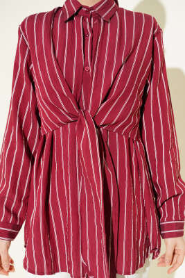 Pelerinli Çizgili Gömlek Bordo - Gömlek