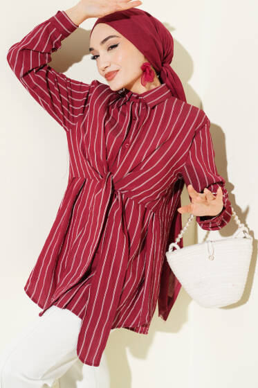 Pelerinli Çizgili Gömlek Bordo - Gömlek