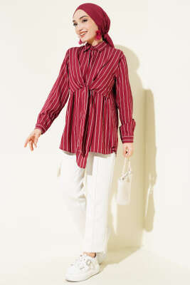 Pelerinli Çizgili Gömlek Bordo - Gömlek