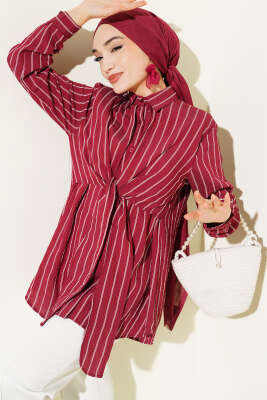 Pelerinli Çizgili Gömlek Bordo - HATUN