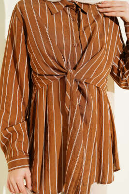 Pelerinli Çizgili Gömlek Camel - Gömlek