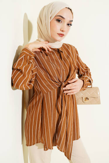 Pelerinli Çizgili Gömlek Camel - Gömlek