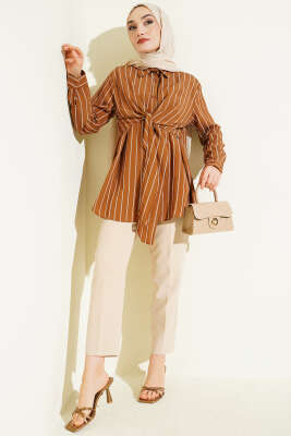 Pelerinli Çizgili Gömlek Camel - Gömlek