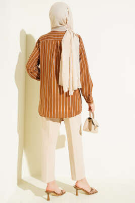 Pelerinli Çizgili Gömlek Camel - Gömlek