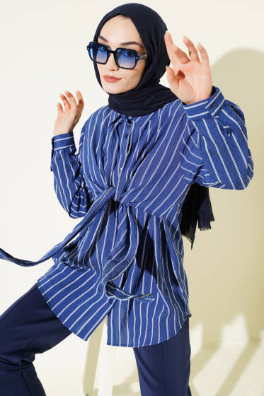 Pelerinli Çizgili Gömlek Lacivert - Gömlek