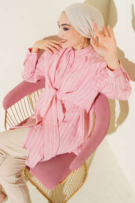 Pelerinli Çizgili Gömlek Pudra - HATUN