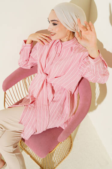 Pelerinli Çizgili Gömlek Pudra - Gömlek