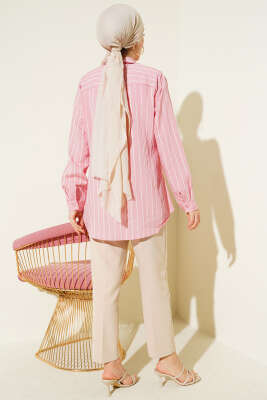Pelerinli Çizgili Gömlek Pudra - Gömlek