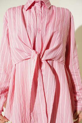 Pelerinli Çizgili Gömlek Pudra - Gömlek