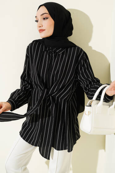 Pelerinli Çizgili Gömlek Siyah - Gömlek