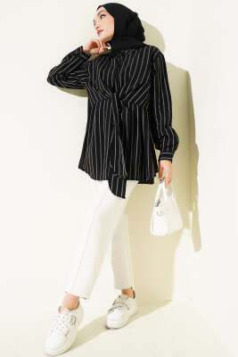 Pelerinli Çizgili Gömlek Siyah - Gömlek