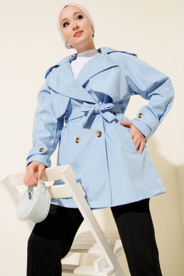 Pelerinli Dört Düğmeli Kısa Trençkot Bebe Mavi - Trençkot