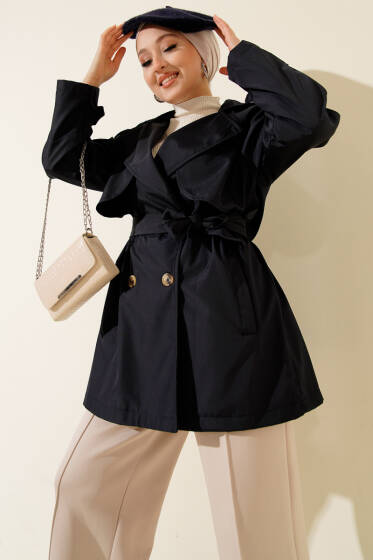 Pelerinli Dört Düğmeli Kısa Trençkot Lacivert - Trençkot