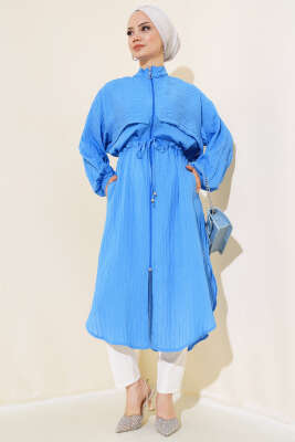 Pelerinli Fermuarlı Kap Mavi - Kaban