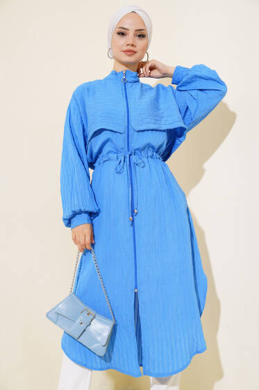 Pelerinli Fermuarlı Kap Mavi - Kaban