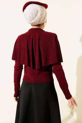 Pelerinli Fitilli Triko Kazak Bordo - Triko Kazak