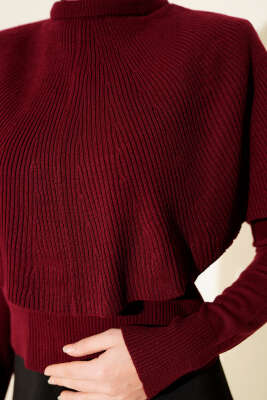 Pelerinli Fitilli Triko Kazak Bordo - Triko Kazak