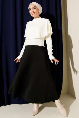 Pelerinli Fitilli Triko Kazak Ekru - Triko Kazak