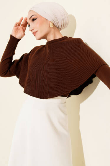 Pelerinli Fitilli Triko Kazak Kahve - Triko Kazak