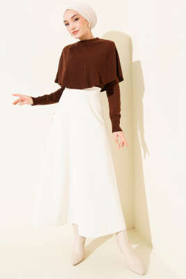 Pelerinli Fitilli Triko Kazak Kahve - Triko Kazak