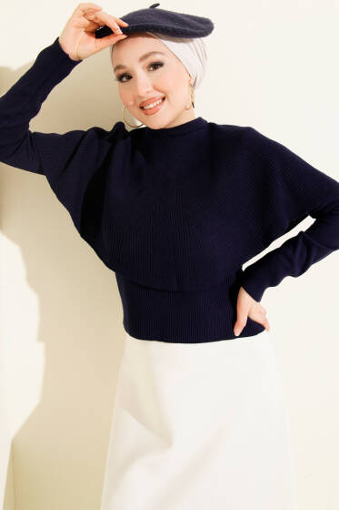 Pelerinli Fitilli Triko Kazak Lacivert - Triko Kazak