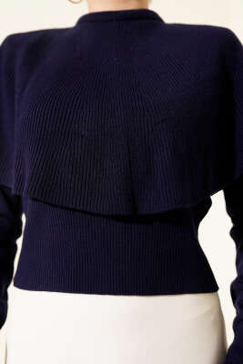 Pelerinli Fitilli Triko Kazak Lacivert - Triko Kazak