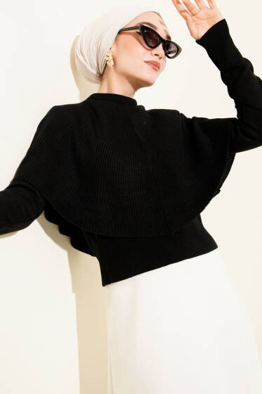 Pelerinli Fitilli Triko Kazak Siyah - Triko Kazak