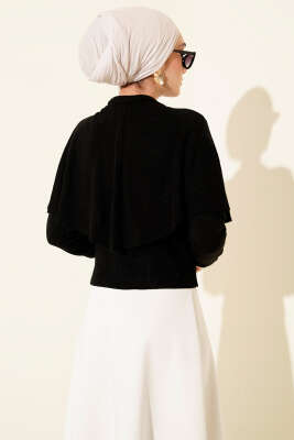 Pelerinli Fitilli Triko Kazak Siyah - Triko Kazak