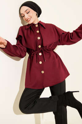 Pelerinli Gold Düğmeli Scuba Ceket Bordo - TABLO FASHİON