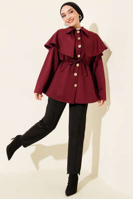 Pelerinli Gold Düğmeli Scuba Ceket Bordo - Ceket