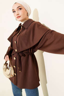 Pelerinli Gold Düğmeli Scuba Ceket Kahve - TABLO FASHİON