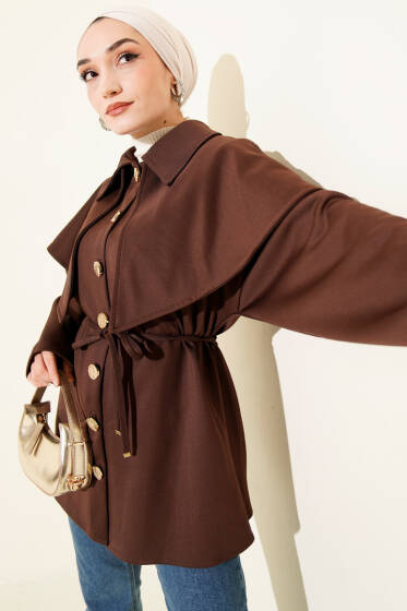 Pelerinli Gold Düğmeli Scuba Ceket Kahve - Ceket