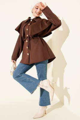 Pelerinli Gold Düğmeli Scuba Ceket Kahve - Ceket