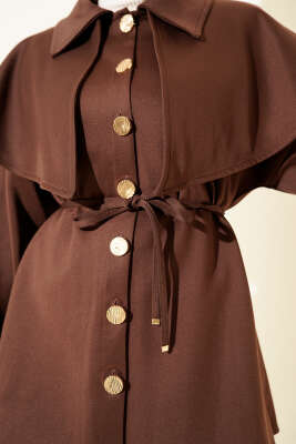 Pelerinli Gold Düğmeli Scuba Ceket Kahve - Ceket