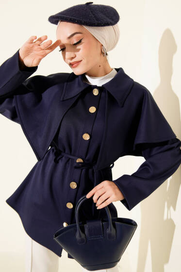 Pelerinli Gold Düğmeli Scuba Ceket Lacivert - Ceket