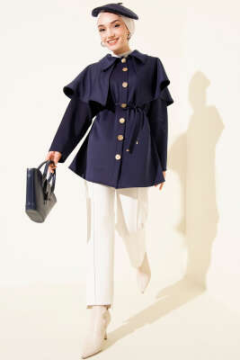 Pelerinli Gold Düğmeli Scuba Ceket Lacivert - Ceket