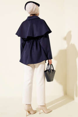 Pelerinli Gold Düğmeli Scuba Ceket Lacivert - Ceket