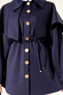 Pelerinli Gold Düğmeli Scuba Ceket Lacivert - Ceket