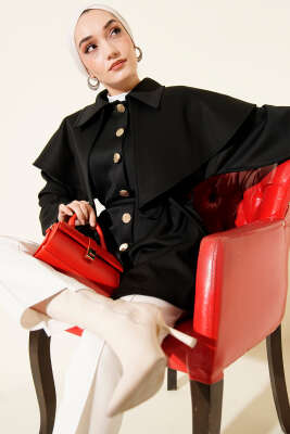 Pelerinli Gold Düğmeli Scuba Ceket Siyah - TABLO FASHİON