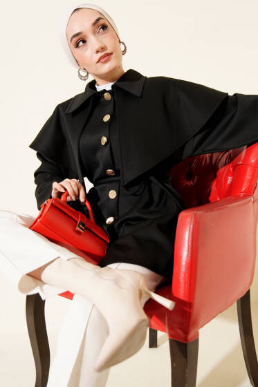 Pelerinli Gold Düğmeli Scuba Ceket Siyah - Ceket