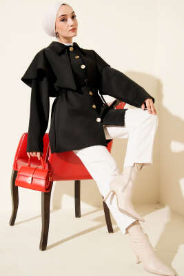 Pelerinli Gold Düğmeli Scuba Ceket Siyah - Ceket