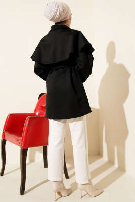 Pelerinli Gold Düğmeli Scuba Ceket Siyah - Ceket