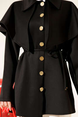 Pelerinli Gold Düğmeli Scuba Ceket Siyah - Ceket