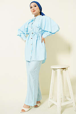 Pelerinli Gold Düğmeli Takım Bebe Mavi - İkili Takım