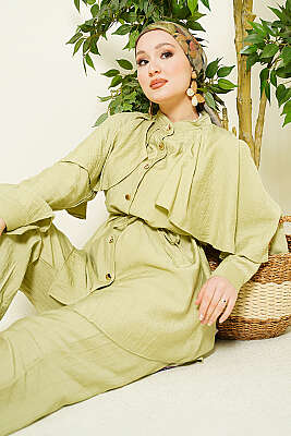 Pelerinli Gold Düğmeli Takım Çağla Yeşili 