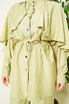 Pelerinli Gold Düğmeli Takım Çağla Yeşili - İkili Takım