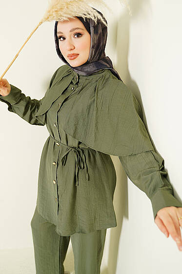 Pelerinli Gold Düğmeli Takım Haki - İkili Takım